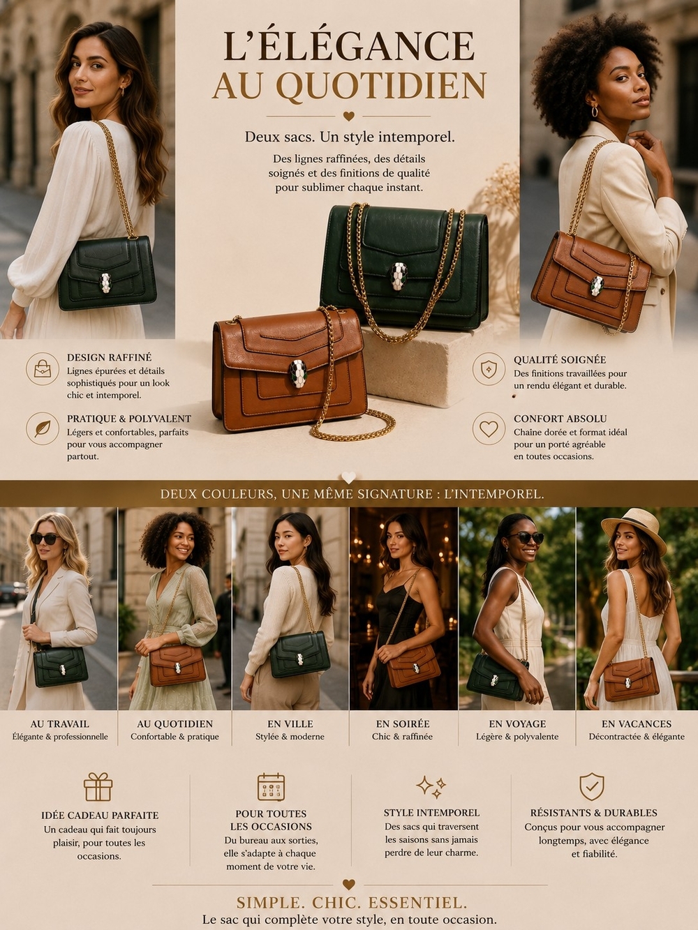 Elegance Leather Chain Shoulder Bag — Green and Brown